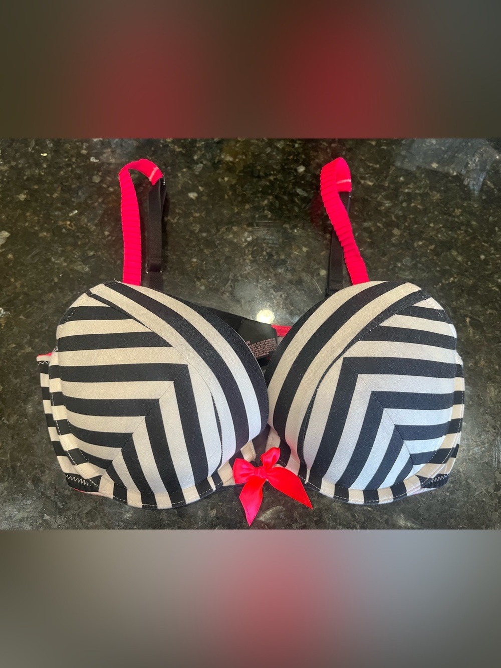Victoria’s Secret PINK Striped Black & White Push-Up Bra with Pink Accents 34c